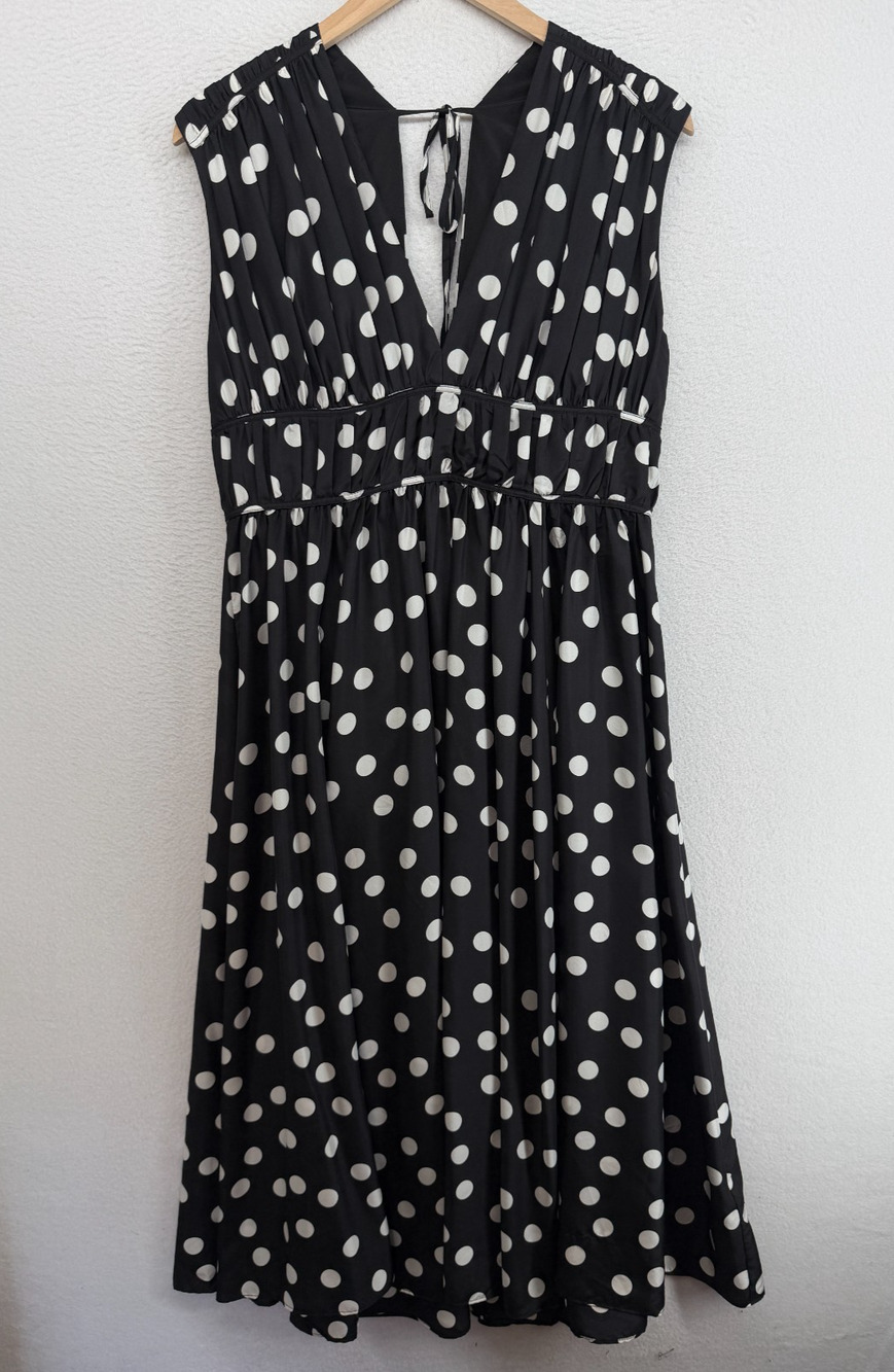 J.CREW Dress 8 Gathered Silk Midi Polka Dot A-Line Sleeveless Tie Back Black